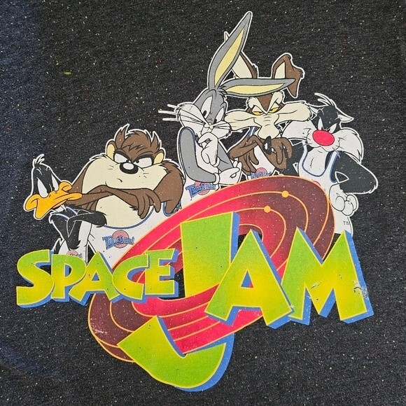 Space Jams Short Sleeve T-Shirt Size L Black Speckled Graphic Tee Bugs Daffy - Picture 6 of 8